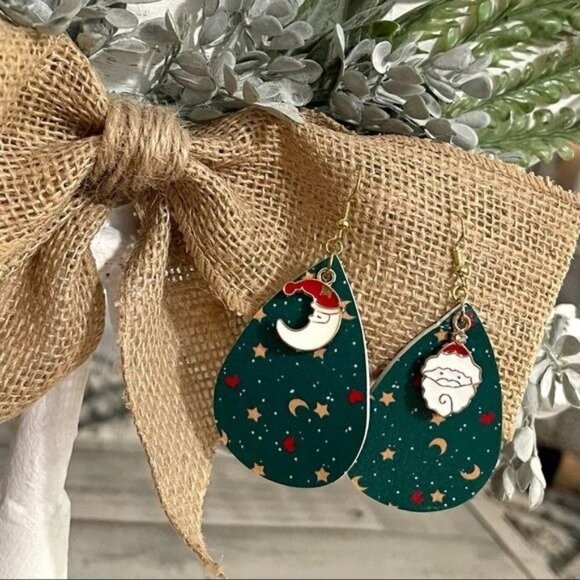 Handmade Christmas Celestial Santa Claus Moon Stars Teardrop Statement Earrings - Picture 1 of 3